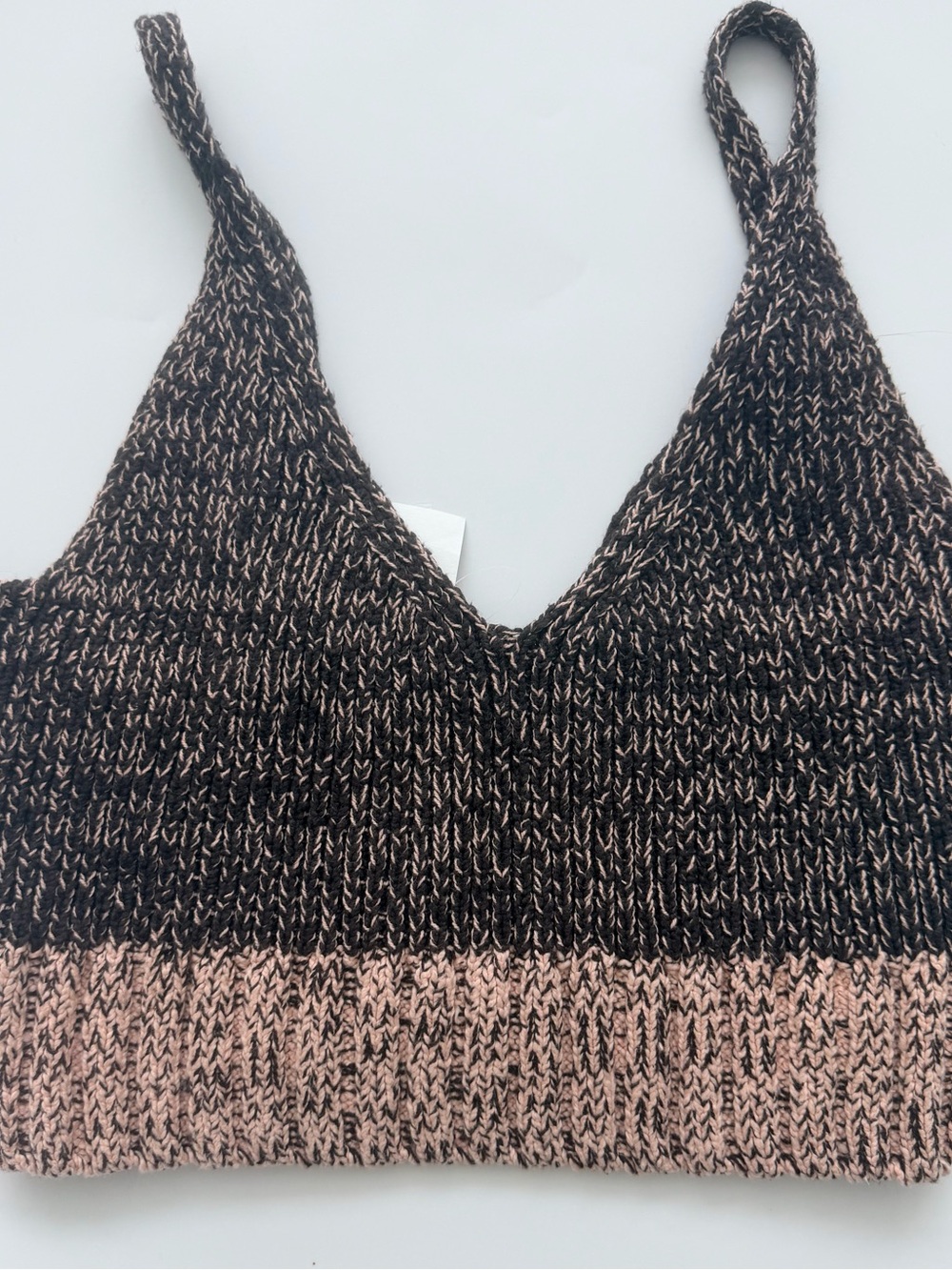 Mighty Fine Two-Tone Knit Bandeau Bralette - Black and Blush. knit crop top L